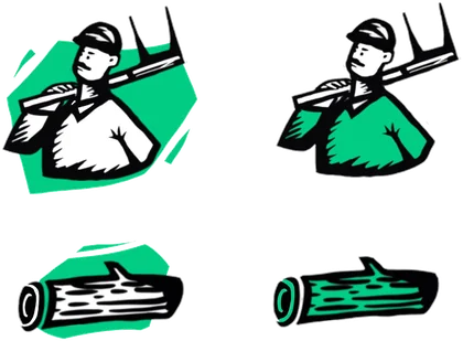Woodcut-style woodcutter and log