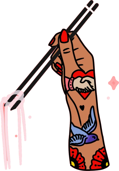 Tattooed hand holding chopsticks