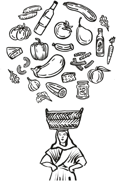 Line drawing of a Šavrinka carrying a basket, surrounded by food